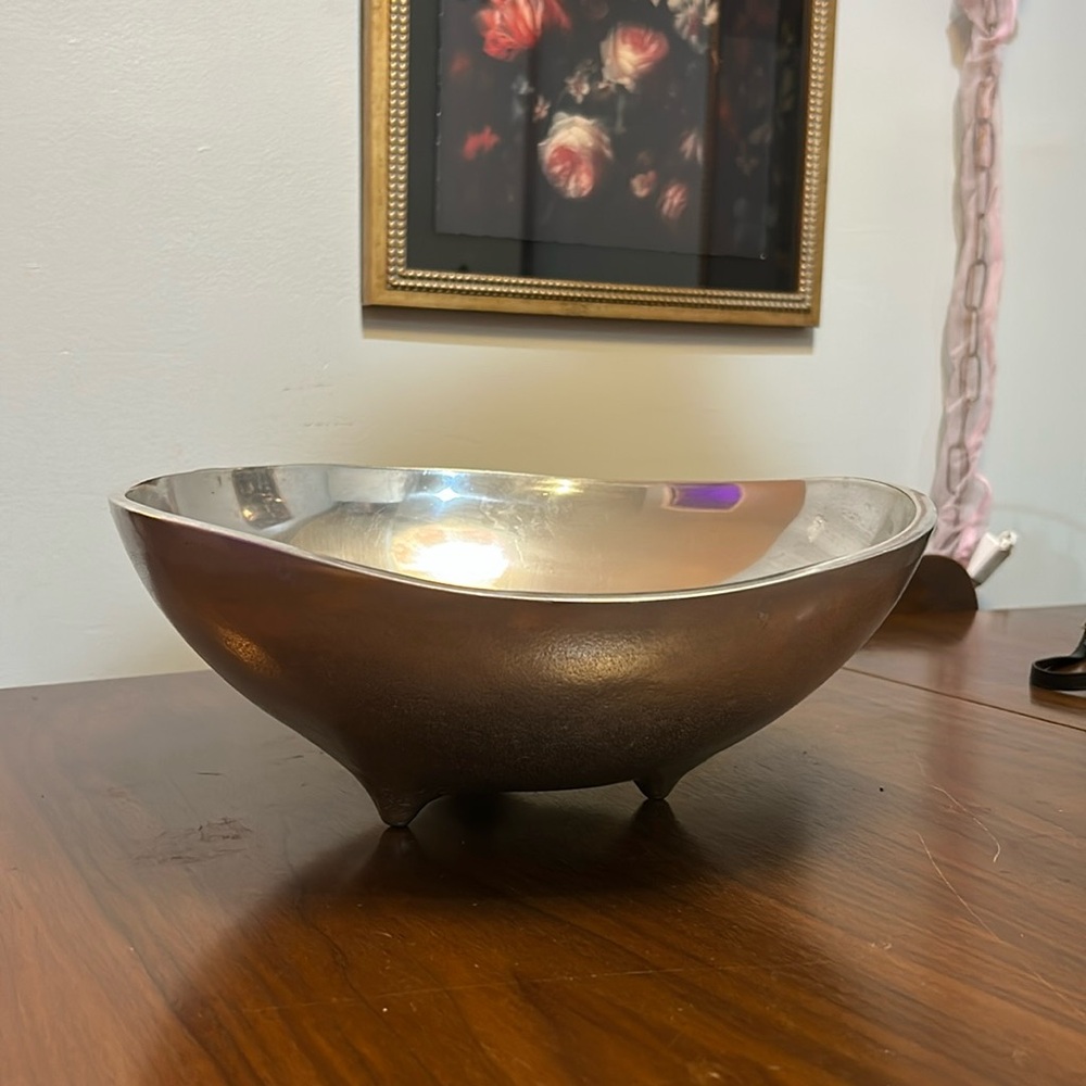 Vintage Bruce Fox Biomorphic Modernist Aluminum Silver Metal Footed Bowl